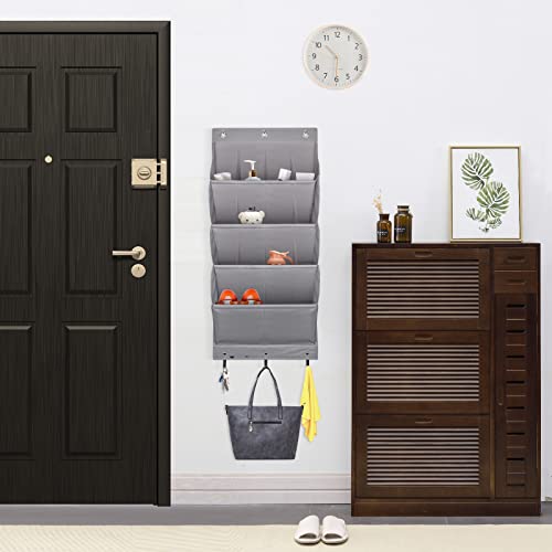 2 Pack Over the Door Shoe Organizer, Hanging Shoe Organizer Rack,24 Large Pockets and 4 Larger Storage Various Compartments with 6 Hooks, Home Accessories, Grey