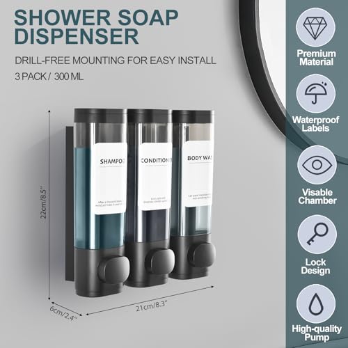 Shampoo Conditioner Shower Soap Dispenser 3 Chamber Wall Mount Black | Refillable. Leakproof 900ml. No-Drill Wall Mount. Soap, Shampoo, Conditioner, Body Wash, Shower Gel, Bathroom Set. BPA-Free.