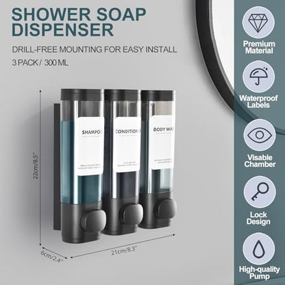Shampoo Conditioner Shower Soap Dispenser 3 Chamber Wall Mount Black | Refillable. Leakproof 900ml. No-Drill Wall Mount. Soap, Shampoo, Conditioner, Body Wash, Shower Gel, Bathroom Set. BPA-Free.