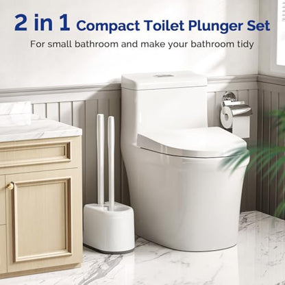 HAMITOR Toilet Plunger Brush Set: Curved Bristles Design for Deep Cleaning | Deep Cleaning Under Rim, Heavy Duty Rubber for Unclog- Compact Bathroom Cleaning Tools for New Homet Essentials - White