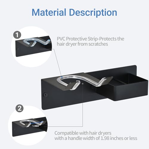 Hair Dryer Holder Wall Mounted, Hair Tool Organizer Wall Mount for Bathroom, Stainless Steel Hair Dryer Holder, Blow Dryer Holder Adhesive/Drilling Hair Dryer and Straightener Holder Black UEMUSI