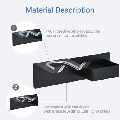 Hair Dryer Holder Wall Mounted, Hair Tool Organizer Wall Mount for Bathroom, Stainless Steel Hair Dryer Holder, Blow Dryer Holder Adhesive/Drilling Hair Dryer and Straightener Holder Black UEMUSI