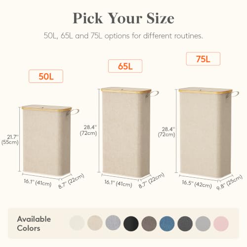 Lifewit 65L Slim Laundry Hamper with Lid, Narrow Laundry Basket with Removable Bag & Bamboo Handles, Fodable Thin Dirty Clothes Hamper for Laundry Collapsible Bin for Bathroom Bedroom Dorm, Beige