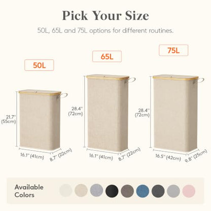Lifewit 65L Slim Laundry Hamper with Lid, Narrow Laundry Basket with Removable Bag & Bamboo Handles, Fodable Thin Dirty Clothes Hamper for Laundry Collapsible Bin for Bathroom Bedroom Dorm, Beige