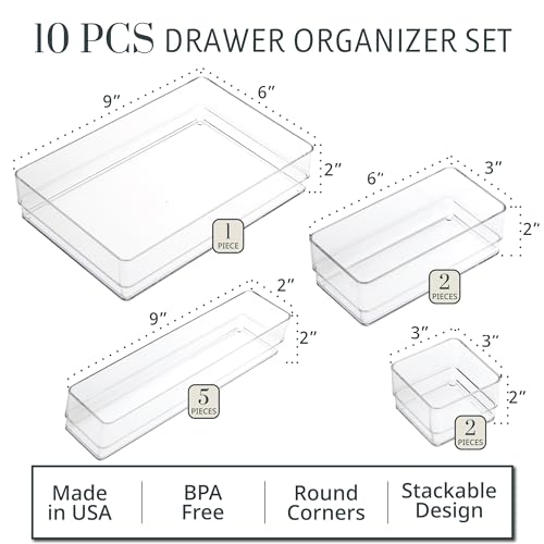 STORi SimpleSort 10-Piece Stackable Clear Drawer Organizer Set | Multi-size Trays | Makeup Vanity Storage Bins and Office Desk Drawer Dividers | Made in USA