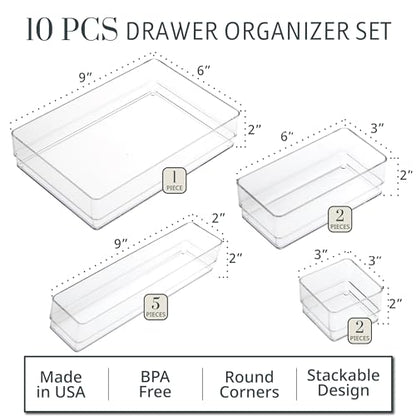 STORi SimpleSort 10-Piece Stackable Clear Drawer Organizer Set | Multi-size Trays | Makeup Vanity Storage Bins and Office Desk Drawer Dividers | Made in USA