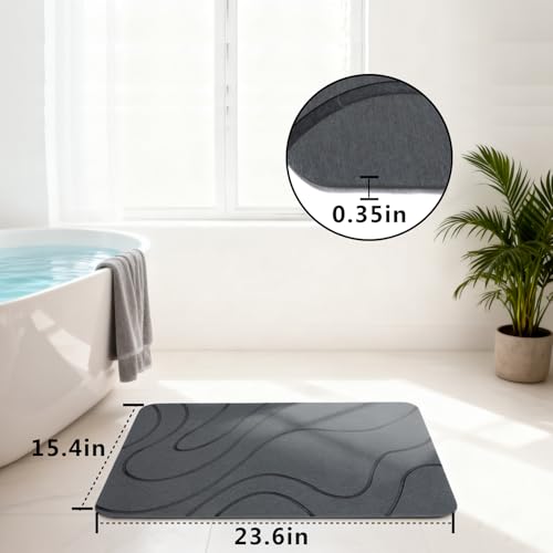 Stone Bath Mat, Quick Dry Shower Mat, Diatomaceous Earth Shower Mat, Non-Slip Hard Surface, Ultra Absorbent Bathroom Floor Mat for Tub, Entry, or Sink – 23.6" x 15.4", Gray (Wave)