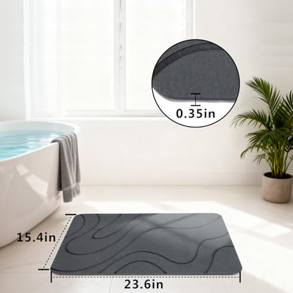 Stone Bath Mat, Quick Dry Shower Mat, Diatomaceous Earth Shower Mat, Non-Slip Hard Surface, Ultra Absorbent Bathroom Floor Mat for Tub, Entry, or Sink – 23.6" x 15.4", Gray (Wave)