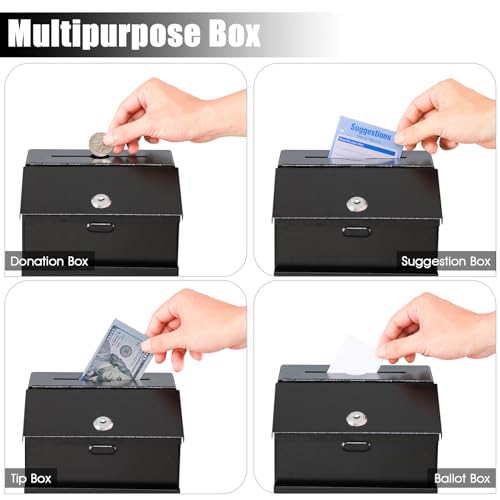KYODOLED Suggestion Box with Slot and Lock, 50 Suggestion Cards, Black | Employee Comment Collection, Wall-Mount or Tabletop Use, Steel Construction, 2 Keys, Card Storage, 8H x 5.7W x 7L Inch