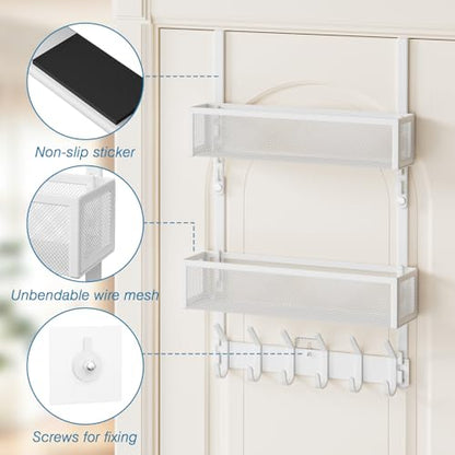 Over the Door Hooks Organizer,Door Hanger Fits Doors 1 3/4" White | 12 Coat Hooks and 2 Mesh Basket,Space-Saving,Back Storage Organizer,Over The Door Towel Rack,for Bathroom,Bedroom,Kitchen