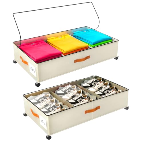 Under Bed Storage with Wheels, Rolling Storage Con... (2 Count | Beige | Fabric)