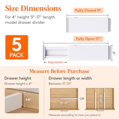 Lifewit 5 Pack Upgrade Drawer Dividers for Clothes, 4" High 11"-17" Adjustable Dresser Drawer Organizers, Expandable White Plastic Drawer Separators for Kitchen, Nursery, Office Organization & Storage