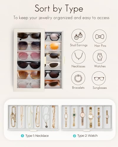 VLANDO 12-Slot Sunglasses Organizer Case with Clear Lid & 2 Drawers,Beige | PU Leather,Velvet Lining,Large Capacity Eyeglass Organizer for Vanity,Dresser,Closet,Bedroom,Gift for Eyewear Lovers