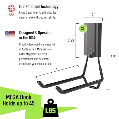 GATOR MAGNETICS MEGA 6 in Open Hooks, 45 lb Heavy Duty Magnetic Hooks for Steel Surfaces, Patented Easy-Release, Non-Slip Grip – Storage & Organization, Garage, Home Tools & Gear Storage – 3 Pack