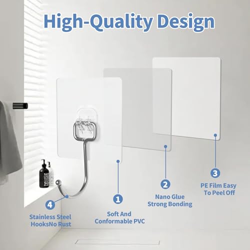 Adhesive Wall Hooks for Hanging - 60lb Heavy Duty Waterproof & Rustproof, Sticky Hooks for Walls No Damage, Kitchen/Bathroom/Rental (Ganchos para Pared) 10-Pack