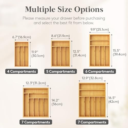 Lifewit Silverware Drawer Organizer, Utensil Tray for Kitchen, Flatware and Cutlery Holder, Storage for Spoons Forks Knives, 6.7 x 12", Natural