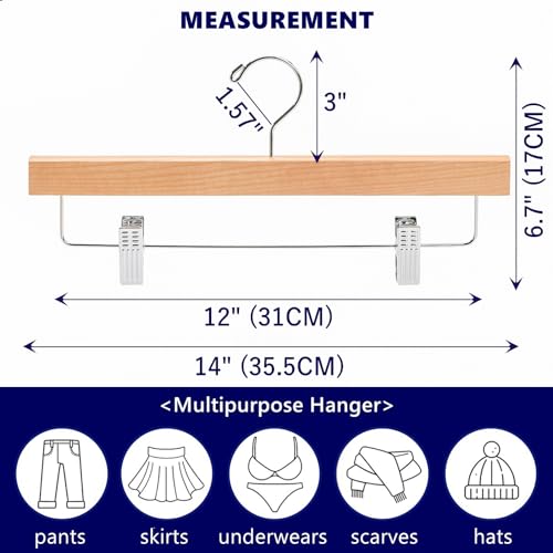 Amber Home 24 Pack Natural Wooden Pants Hangers with Adjustable Clips, 14" | Wood Skirt & Trouser Hangers, Closet Hangers for Bottom, Jeans, Slacks, Shorts