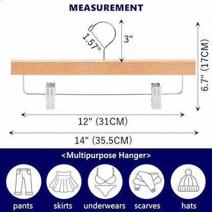 Amber Home 24 Pack Natural Wooden Pants Hangers with Adjustable Clips, 14" | Wood Skirt & Trouser Hangers, Closet Hangers for Bottom, Jeans, Slacks, Shorts