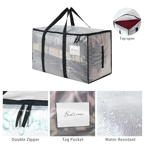 6-Pack Extra Large Clear Moving Bags with Zippers, 93L Heavy Duty Storage Totes with Wrap-Around Handles, Collapsible Clothes & Holiday Storage Bins Alternative (100lb Capacity)