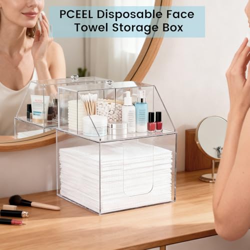 Disposable Face Towel Storage Box Compatible with Clean Skin Club XL, 3-in-1 Detachable 2-Layer for Cleaning Accessories, Face Towel Holder for Bathroom, Vanity Makeup, Holds 50, Clear Acrylic