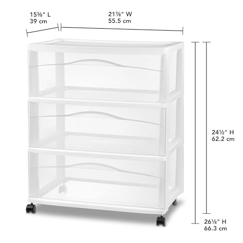 Sterilite Wide 3-Drawer Cart Storage with Wheels for Bedroom and Dresser | Organizing Plastic Drawers and Containers for Home, Office, Desk, Clothes, Dresser, Kitchen, and Pantry