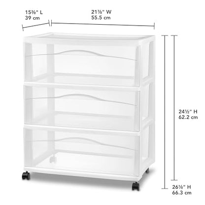 Sterilite Wide 3-Drawer Cart Storage with Wheels for Bedroom and Dresser | Organizing Plastic Drawers and Containers for Home, Office, Desk, Clothes, Dresser, Kitchen, and Pantry