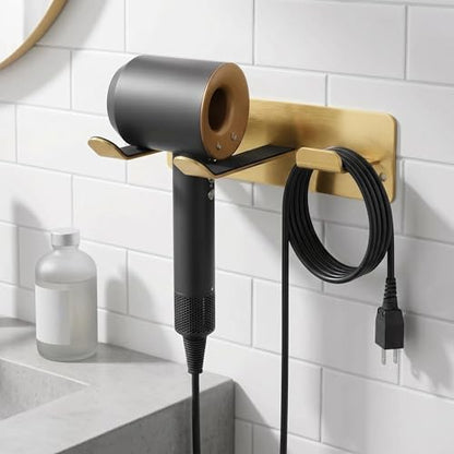 Hair Dryer Holder Wall Mount, Universal No-Drill Stainless Steel Organizer with 3M Adhesive & Screws, Space Saving Blow Dryer Hanger for Bathroom Bedroom Salon RV (Gold)