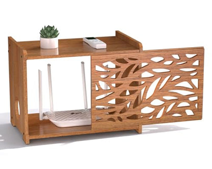 Router Box Hider & Projector Shelf -Decorative WiFi Router Storage Cabinet | Ventilation Cable Management Box Modem & Power Strip Hider Rack Leaf Pattern Cutout, Fits Routers Up to 9.84" Tall (Brown)