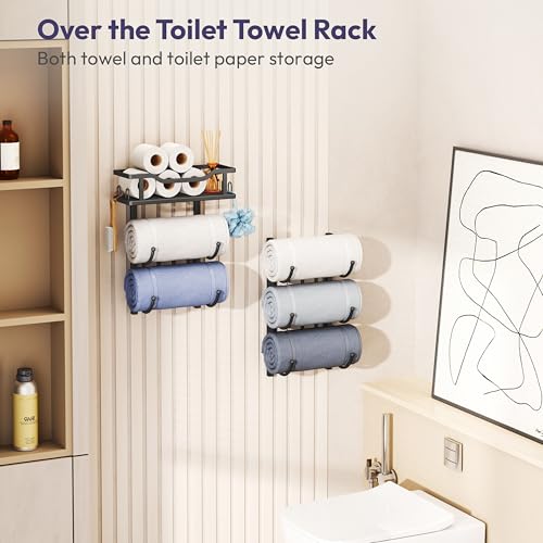 Over the Door Towel Rack - 6 Tier Towel Racks for Bathroom Wall Mounted, Towel Holder with Shelf, Hanging Rolled Towel Storage Organizer for Small Bathroom, Camper, RV, Black