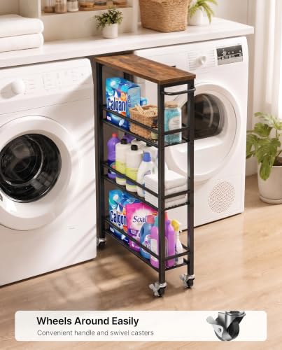Pipishell Slim Storage Cart with Wheels - 4 Tier Rolling Kitchen Storage Cart with Handle and Wood Top, Metal Slim Bathroom Cart for Laundry Room, Bathroom, Kitchen, Narrow Space, Black & Rustic Brown