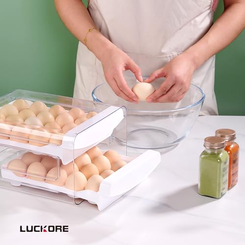 Luckore 2 Tier Egg Holder for Fridge Container for 40 Eggs with Drawer | Clear Stackable Egg Organizer Holder Tray for Fridge, Storage Container with Handles for Refrigerator, Countertop