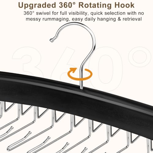 2 Pack Tie Rack Hanger, 24 Hooks Each, Space Saving Wooden Tie Organizer for Men, Holds Up to 24 Ties Belts Scarves, 360° Rotating Anti-Slip Rustproof Foldable Steel Hooks, No Wrinkles