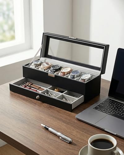 Watch Box for Men 6 Slot,Double Layer Mens Watch Case Display Organizer with Real Glass Top,Large Holder for 50mm Watches,PU Leather Jewelry Drawer Storage Valet Tray for Men,Black