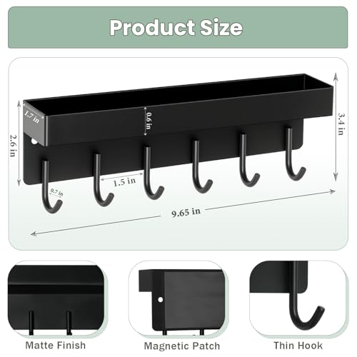 Magnetic Key Holder Wall Mount, Small Key Rack with Tray, Black | 2 Mount Options, Metal Material, 9.6 Inch, 6 Thin Hooks, Compact Design, Suits for Kitchen, Foyer, Entryway, Garage, Rv