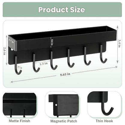 Magnetic Key Holder Wall Mount, Small Key Rack with Tray, Black | 2 Mount Options, Metal Material, 9.6 Inch, 6 Thin Hooks, Compact Design, Suits for Kitchen, Foyer, Entryway, Garage, Rv