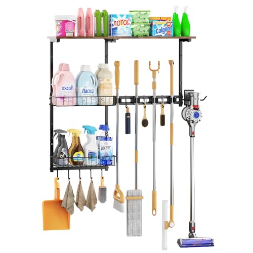 Broom Holder Wall Mount，Mop Rack With Storage Bask... (Black | Metal, Wood)