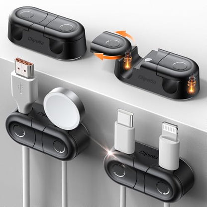 Magnetic Cable Clips - Chfeila 4Pack Cord Holder Clips, Cord Management | Double Cord Clip, 360° Rotatable Cord Organizer, Wire Organizer Holder for Nightstand, Home Office Desk Accessories Decor