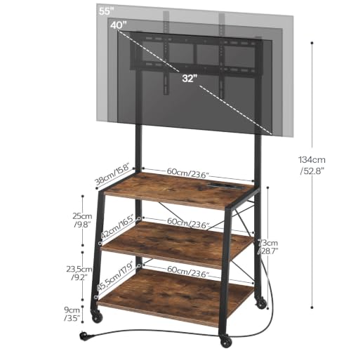 HOOBRO Rolling TV Stand with Mount and Power Outlet Up to 55 inch TV, Corner Entertainment Center, Small TV Stand with 3-Tier Storage Shelves for Living Room, Bedroom, Rustic Brown and Black BF66UDS01