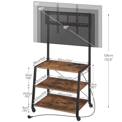 HOOBRO Rolling TV Stand with Mount and Power Outlet Up to 55 inch TV, Corner Entertainment Center, Small TV Stand with 3-Tier Storage Shelves for Living Room, Bedroom, Rustic Brown and Black BF66UDS01