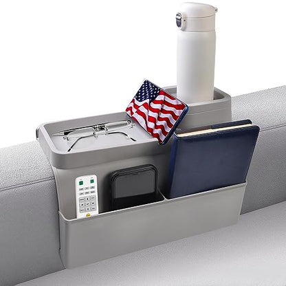 Couch Cup Holder Tray - Silicone Sofa Armrest Organizer Slate Gray | couch caddy with side pockets for drinks, phone, remote; sofa arm chair table arm chair caddy for recliner armrest organizer