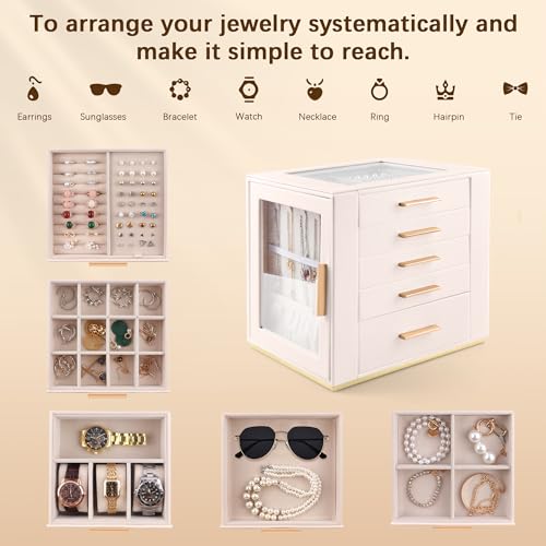 Homeanda Jewelry Boxes with Glass Lid, 5-Layer Large PU Leather, Beige | Modern style 10.2 x 7.1 x 9.5 inches vanity storage for rings, earrings, necklaces, bracelets and watches