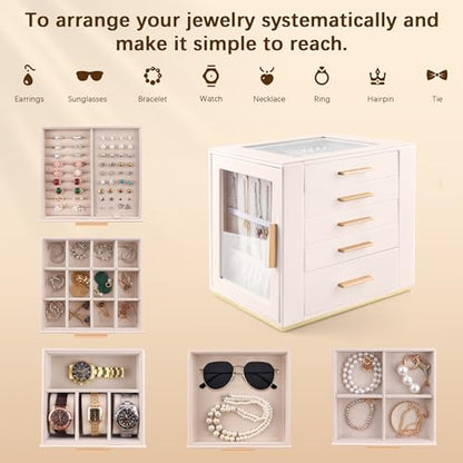 Homeanda Jewelry Boxes with Glass Lid, 5-Layer Large PU Leather, Beige | Modern style 10.2 x 7.1 x 9.5 inches vanity storage for rings, earrings, necklaces, bracelets and watches