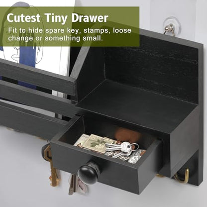 Key Holder Wall Mount, Wooden Key and Mail Organizer, Black | 2 Mount Options, Includes 8 Hooks, Fence Mail Slot, Small Drawer and Shelf, for Entryway, Hallway, Doorway, Living Room, RV