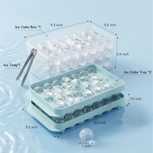 Ice Cube Tray with Lid and Bin, 1" Round Ice Trays for Freezer | 2 Blue Ice Cube Trays with Ice Box & Tong, 1" Round Ice Balls for Iced Coffee & Juice, Easy Twist Release, For Gatherings