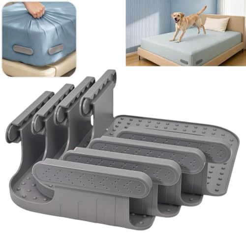 Upgraded Reinforced Bed Sheet Holders for Corners，Fitted Sheet Holder Clips, 4Pcs Grey | Adjustable Bed Sheet Clips to Keep Sheets in Place, Fitted Sheet Straps for Mattress, No Slip Bedding Clips for Bedroom