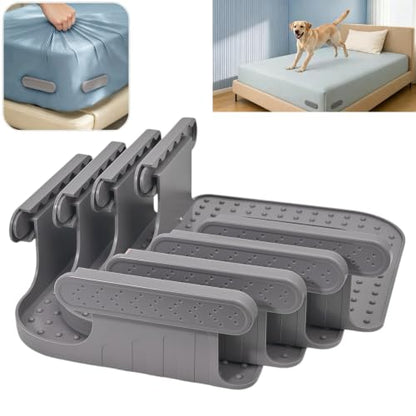 Upgraded Reinforced Bed Sheet Holders for Corners，Fitted Sheet Holder Clips, 4Pcs Grey | Adjustable Bed Sheet Clips to Keep Sheets in Place, Fitted Sheet Straps for Mattress, No Slip Bedding Clips for Bedroom