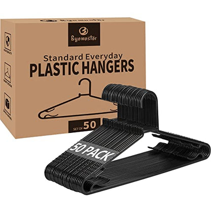 Byomostor Plastic Hangers 50 Pack | Lightweight durable slim design, space saving for laundry and daily adult clothing storage Ideal for apartments, dorms