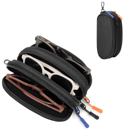Eyeglasses Case for 3 Pairs, Multi Sunglasses Travel Organizer Pouch with Keychain Clip Zipper Closure for Men Women