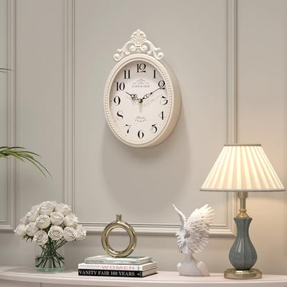 Abdurey Small French Retro Decor Wall Clock, Ivory White Vintage Oval Style | Silent Battery Operated Boho Decorative Wall Clocks for Farmhouse,Kitchen,Bedroom,Bathroom(10.4"H x 6.7"W)
