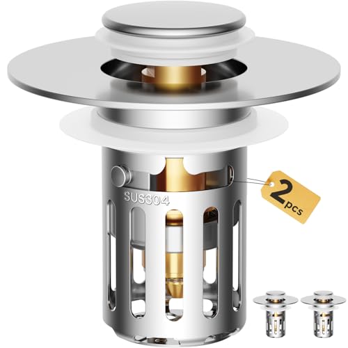 5-in-1 Bathroom Sink Stopper, 2 Pc Pop-Up Sink Drain Strainer with Removable Basket, Anti-Clog Strainer, Odor Blocking & One-Way Flow Design, Brass & Stainless Steel All Metal Made, Fit 1.1"–2.36"